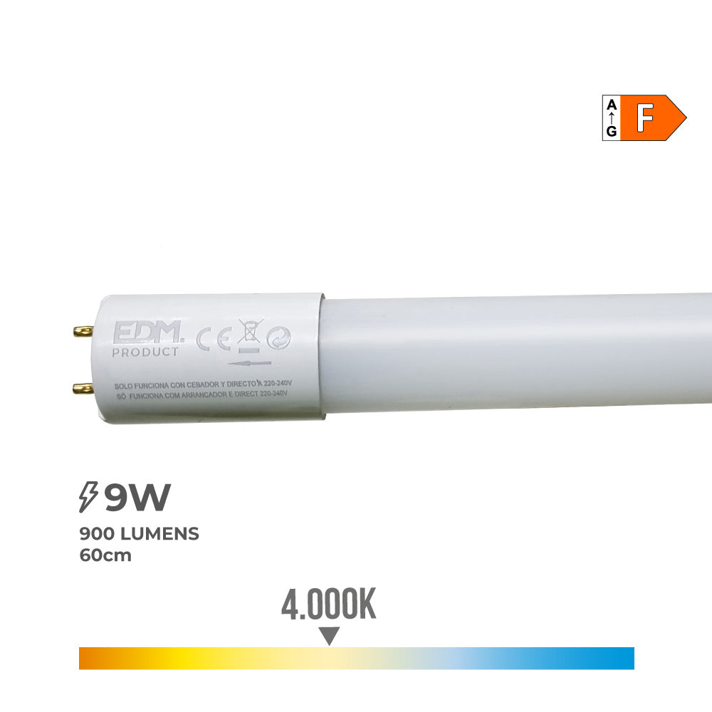 Tubo led t8 9w 900lm 4000k luz dia (eq.18w) ø2,6x60cm edm