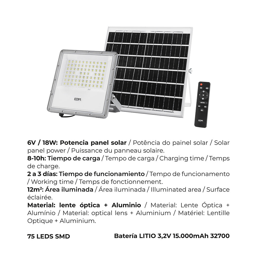 Foco proyector led solar 200w 1500lm 6500k luz fria ip65 edm