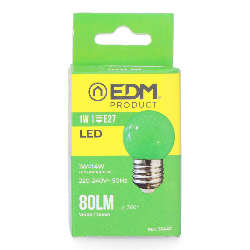 Bombilla esferica led e27 1w 80lm luz verde ø4,3x7cm edm