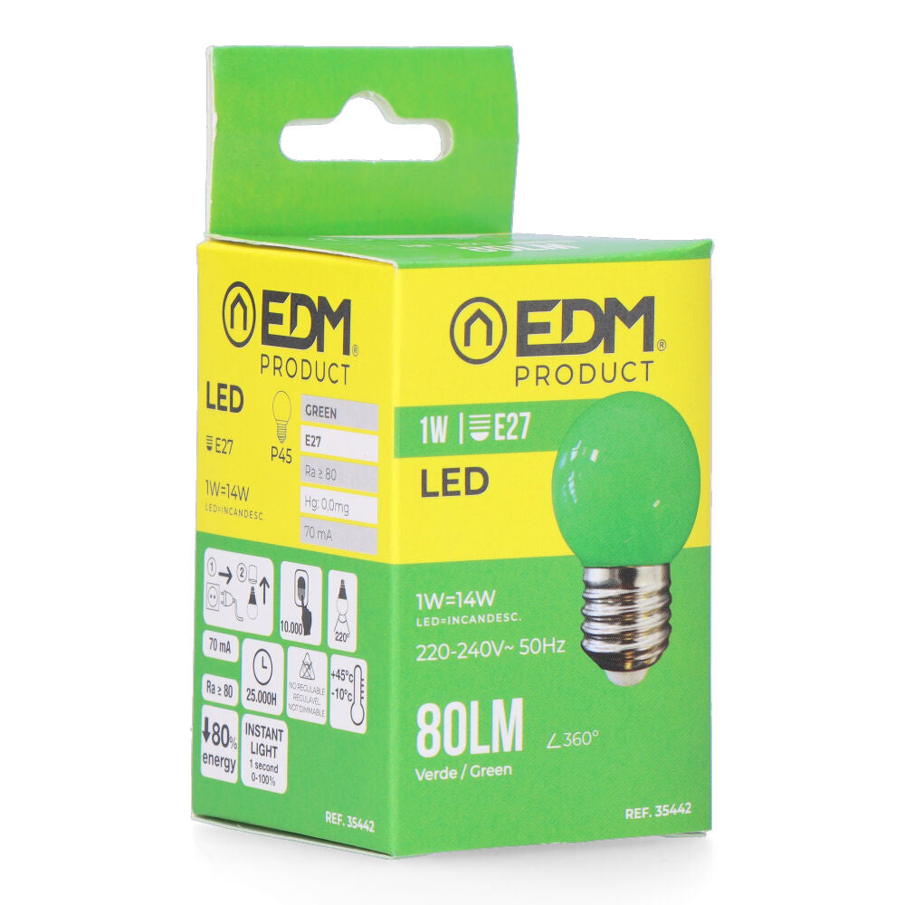 Bombilla esferica led e27 1w 80lm luz verde ø4,3x7cm edm