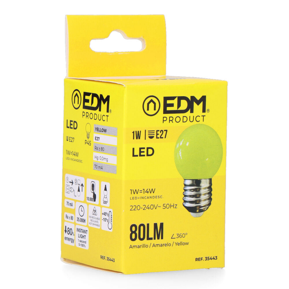 Bombilla esferica led e27 1w 80lm luz amarilla ø4,3x7cm edm