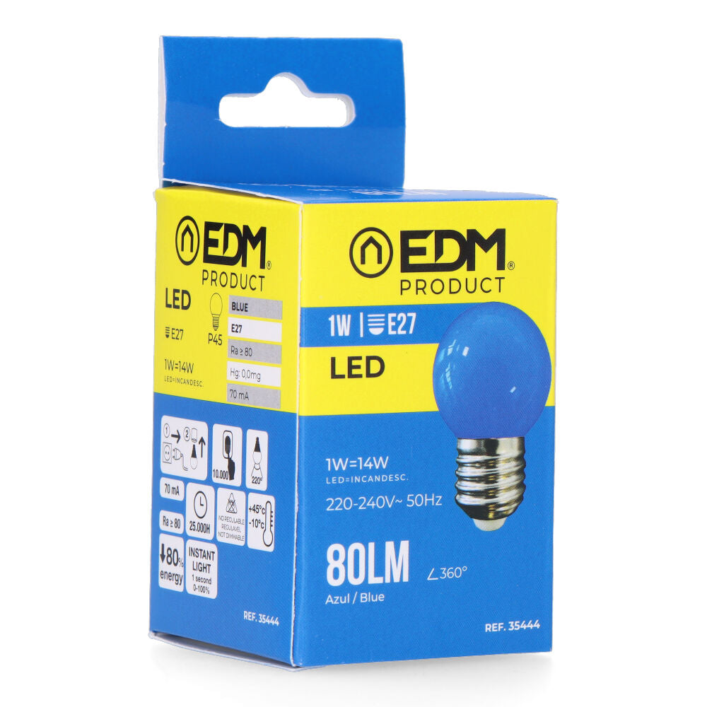 Bombilla esferica led e27 1w 80lm luz azul ø4,3x7cm edm