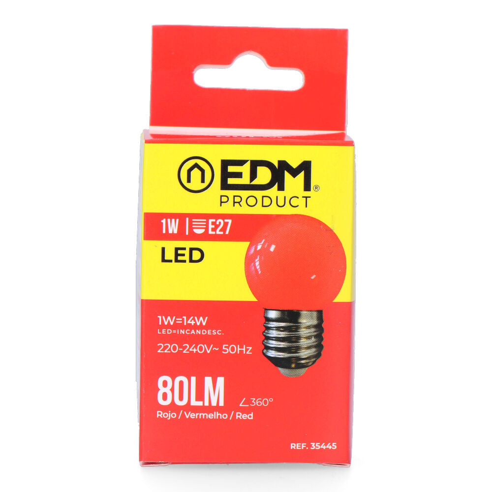 Bombilla esferica led e27 1w 80lm luz roja ø4,3x7cm edm