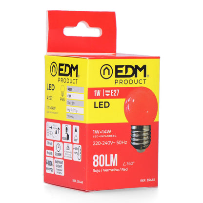 Bombilla esferica led e27 1w 80lm luz roja ø4,3x7cm edm