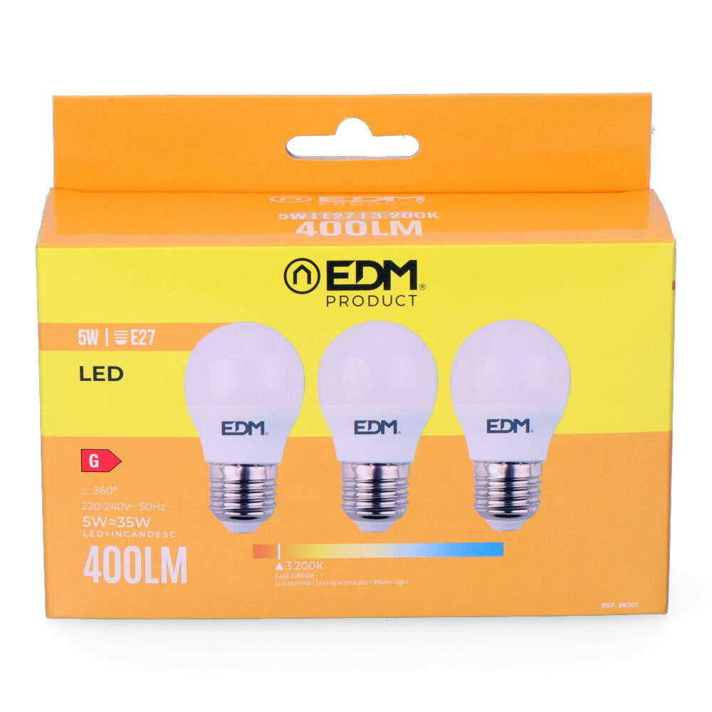 Kit 3 bombillas esfericas led e27 5w 400lm 3200k luz calida ø4,5x8cm edm