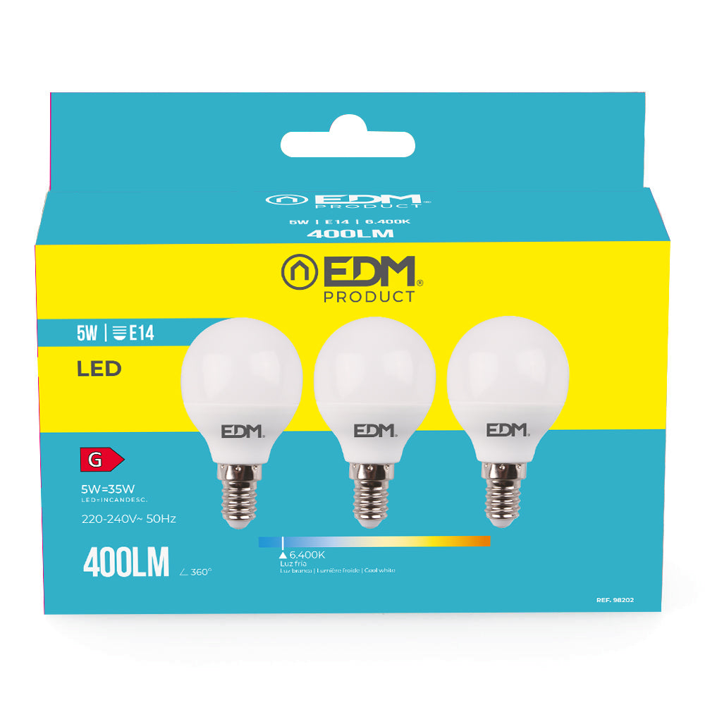 Kit 3 bombillas esfericas led e14 5w 400lm 6400k luz fria ø4,5x8cm edm