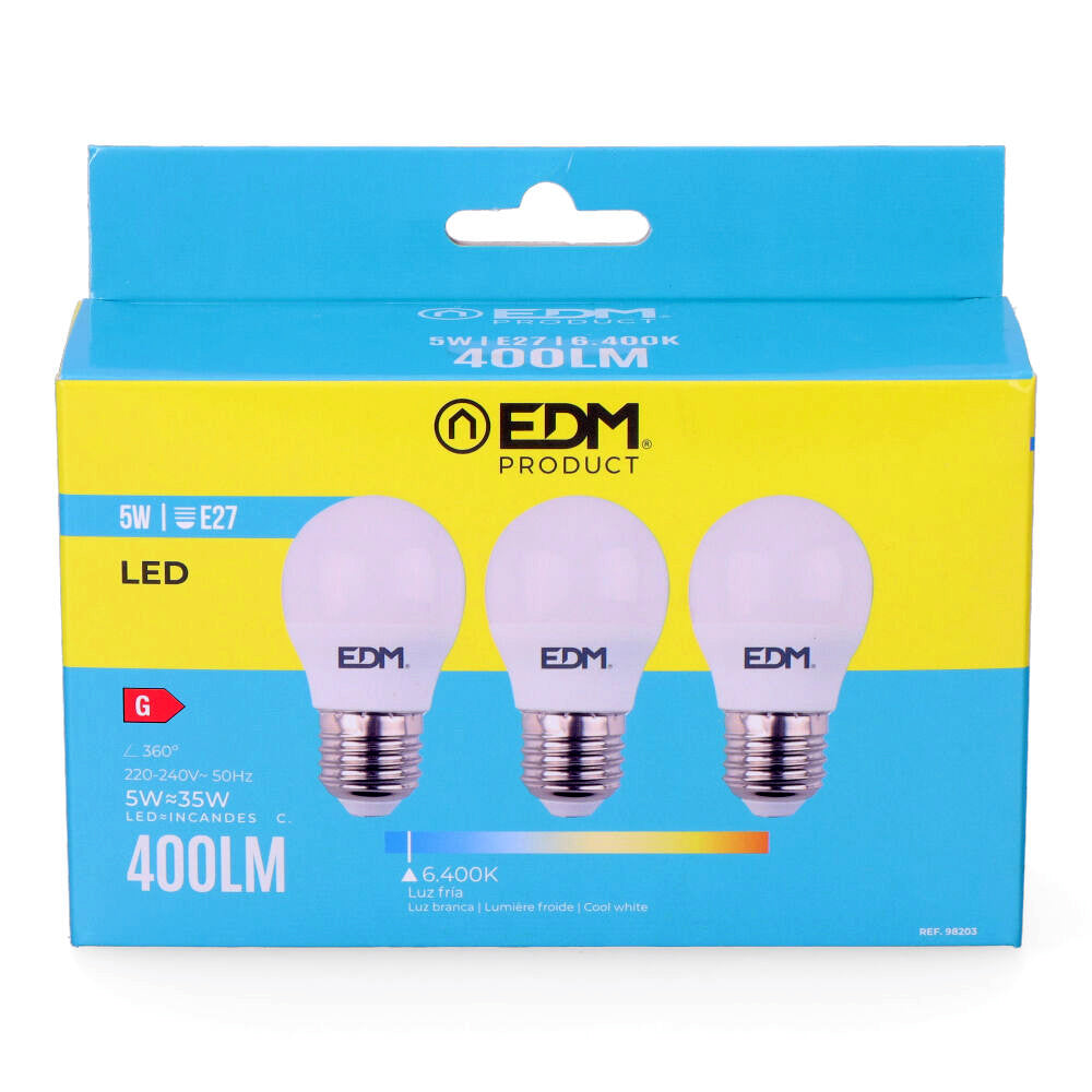 Kit 3 bombillas esfericas led e27 5w 400lm 6400k luz fria ø4,5x8cm edm