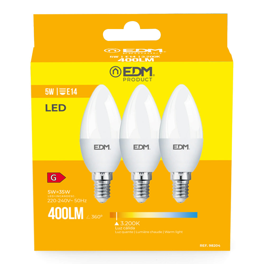 Kit 3 bombillas vela led e14 5w 400lm 3200k luz calida ø3,6x10cm edm