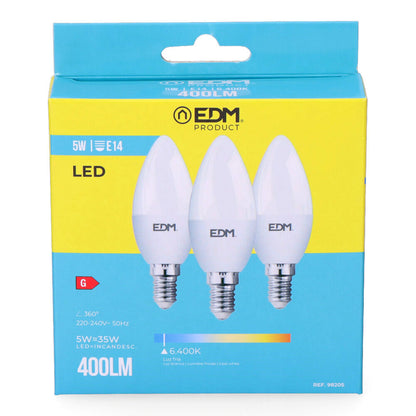 Kit 3 bombillas vela led e14 5w 400lm 6400k luz fria ø3,6x10cm edm